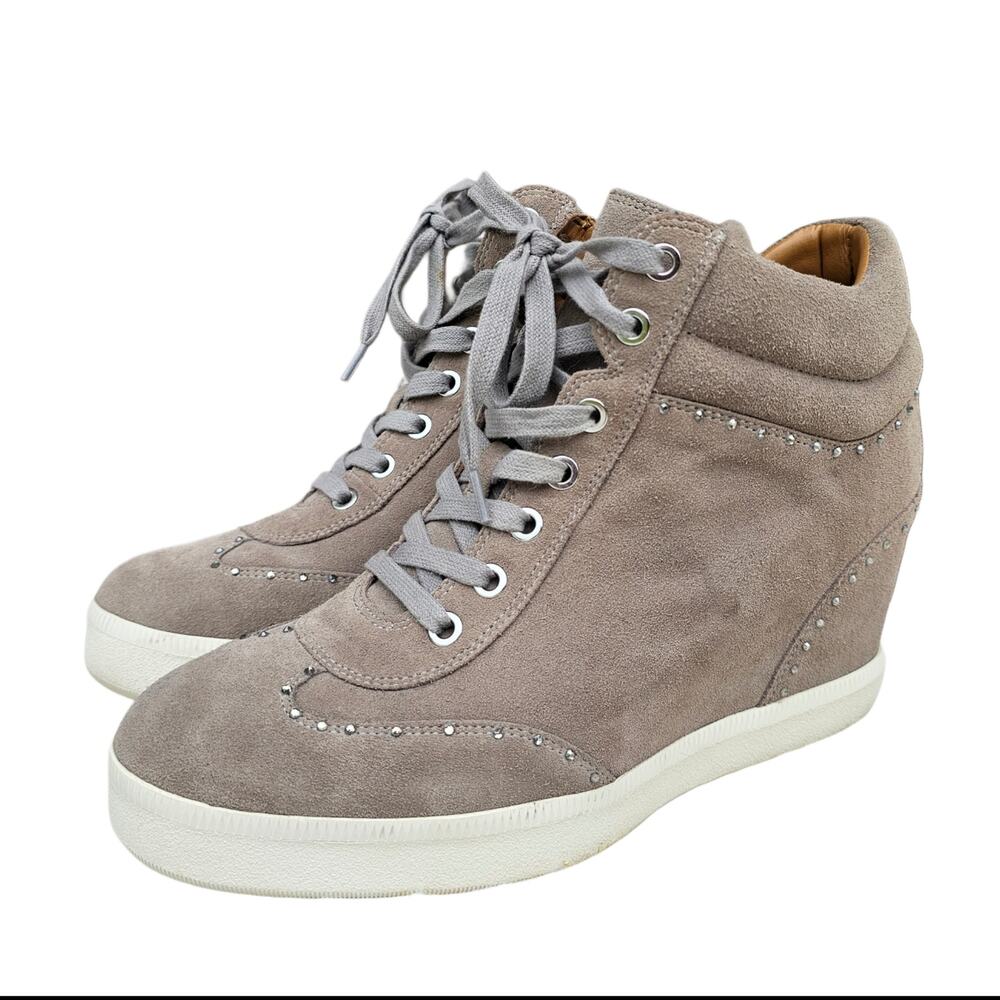 Via Spiga Hidden Wedge Sneaker Samaire Size 10 Taupe Rhinestones Suede Leather